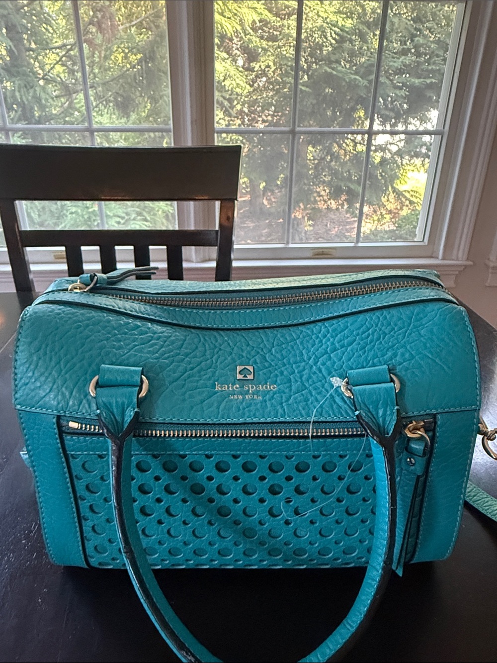 kate spade Teal Perforated Leather Satchel with Gold Hardware